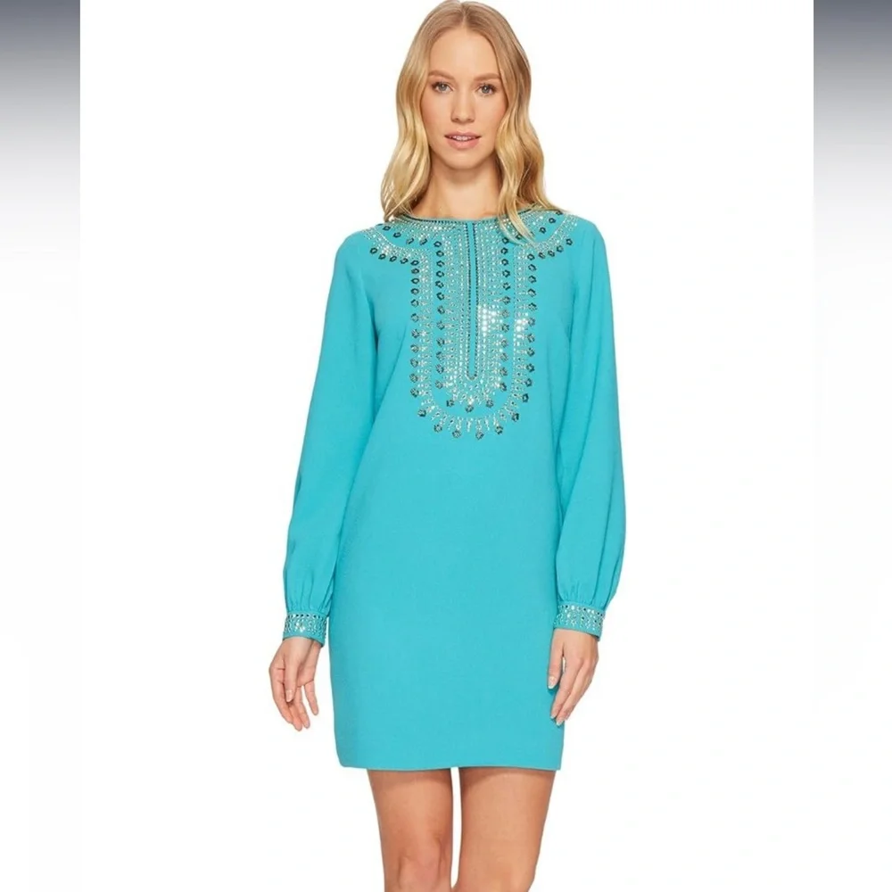 Trina Turk Women's Kapono Long Sleeve Embellished Classic Crepe Dress Sz 6 - Picture 8 of 11